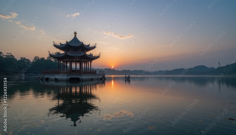 Sunrise over serene lake with Chinese pavilion reflection Sunrise over serene lake with Chinese pavilion reflection
