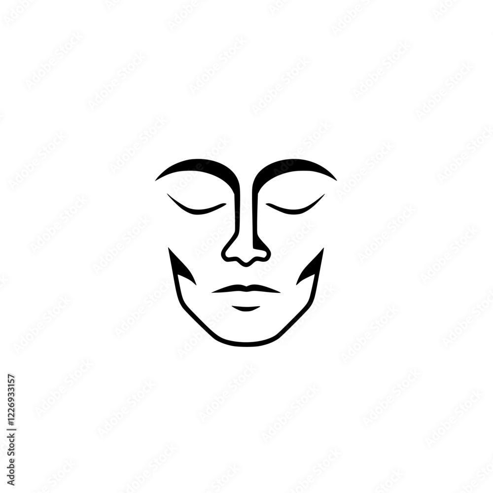 Serene Face: Minimalist Line Art Portrait, Peaceful Expression, Black and White Graphic Design, Simple and Elegant Icon, Beauty Symbol