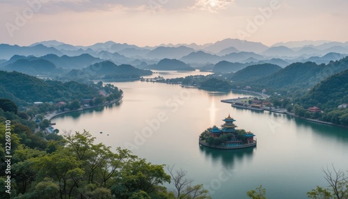 Scenic sunset view of island temple, lake, mountains, China
