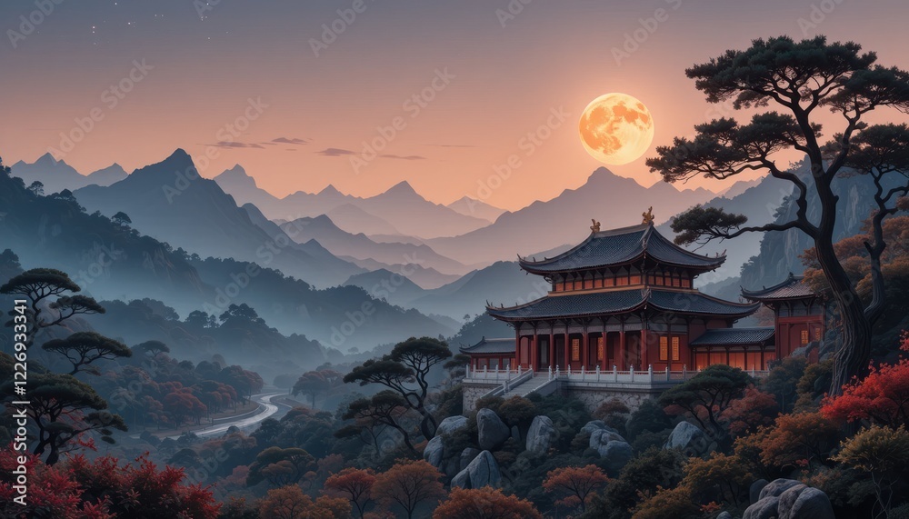 Fototapeta premium Mountain Temple Moonlit Autumn Landscape Serenity
