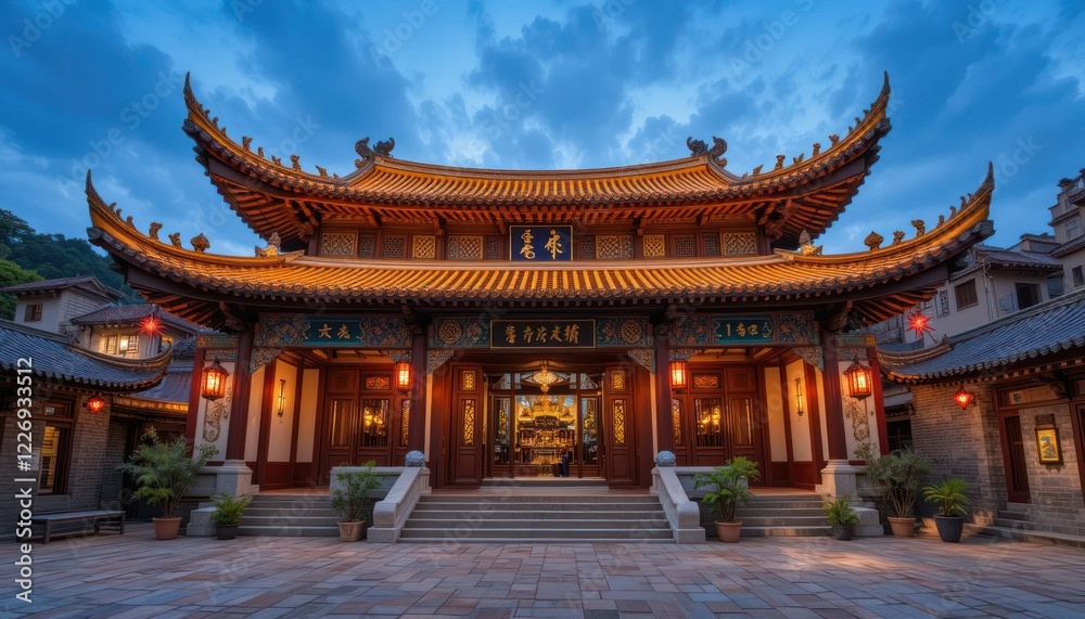 Asian temple facade at twilight, tranquil evening scene Asian temple facade at twilight, tranquil evening scene