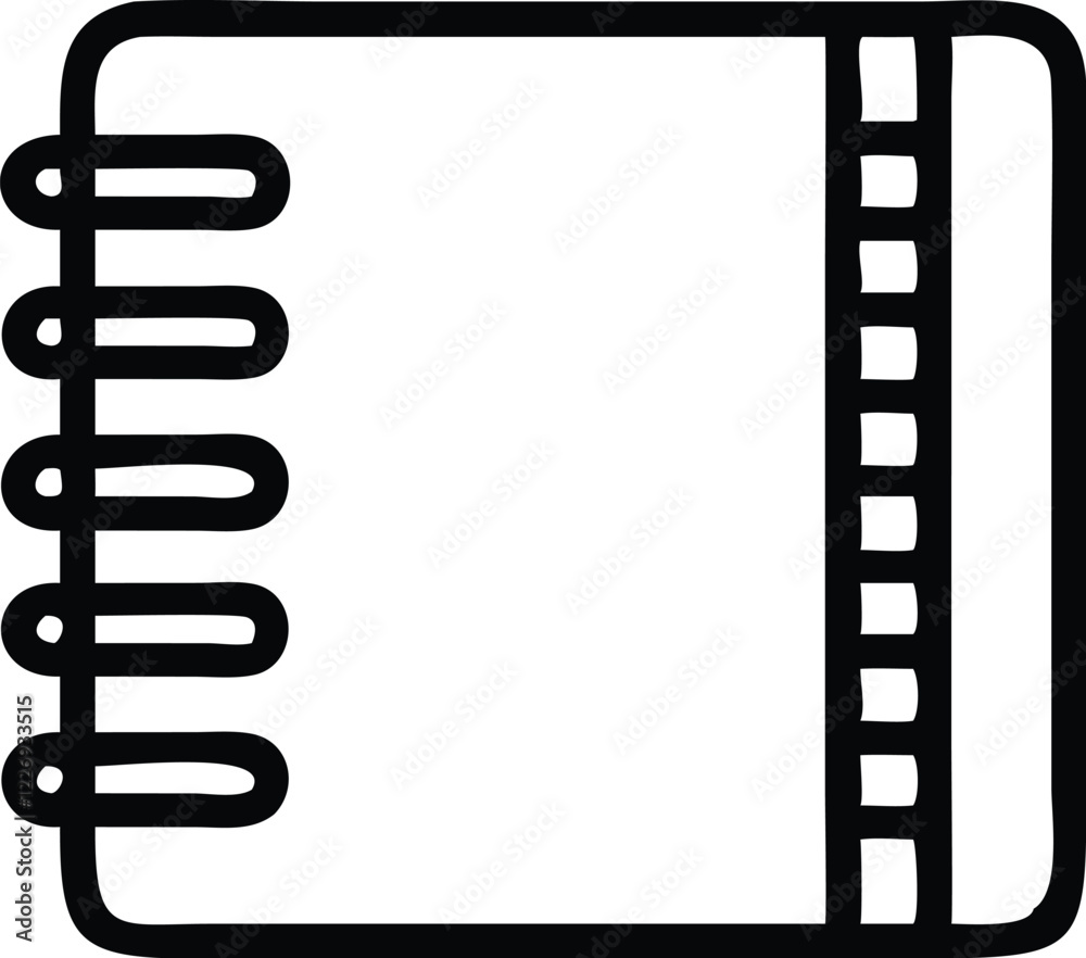 Minimalist notebook icon, spiral binding, black outline, white background, simple design, clean lines, office supplies, note-taking, organization, vector graphic, flat illustration, monochrome, symbol Minimalist notebook icon, spiral binding, black outline, white background, simple design, clean lines, office supplies, note-taking, organization, vector graphic, flat illustration, monochrome, symbol