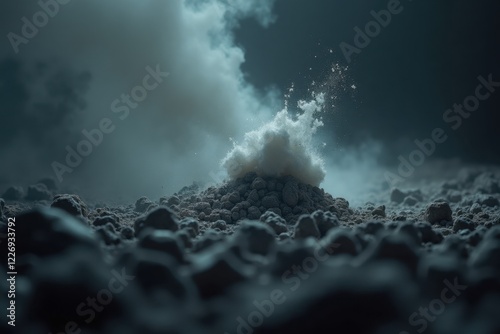 A close-up of nuclear ash swirling in the wind, with delicate particles suspended in the air, creating a ghostly appearance against a dark, foreboding backdrop photo