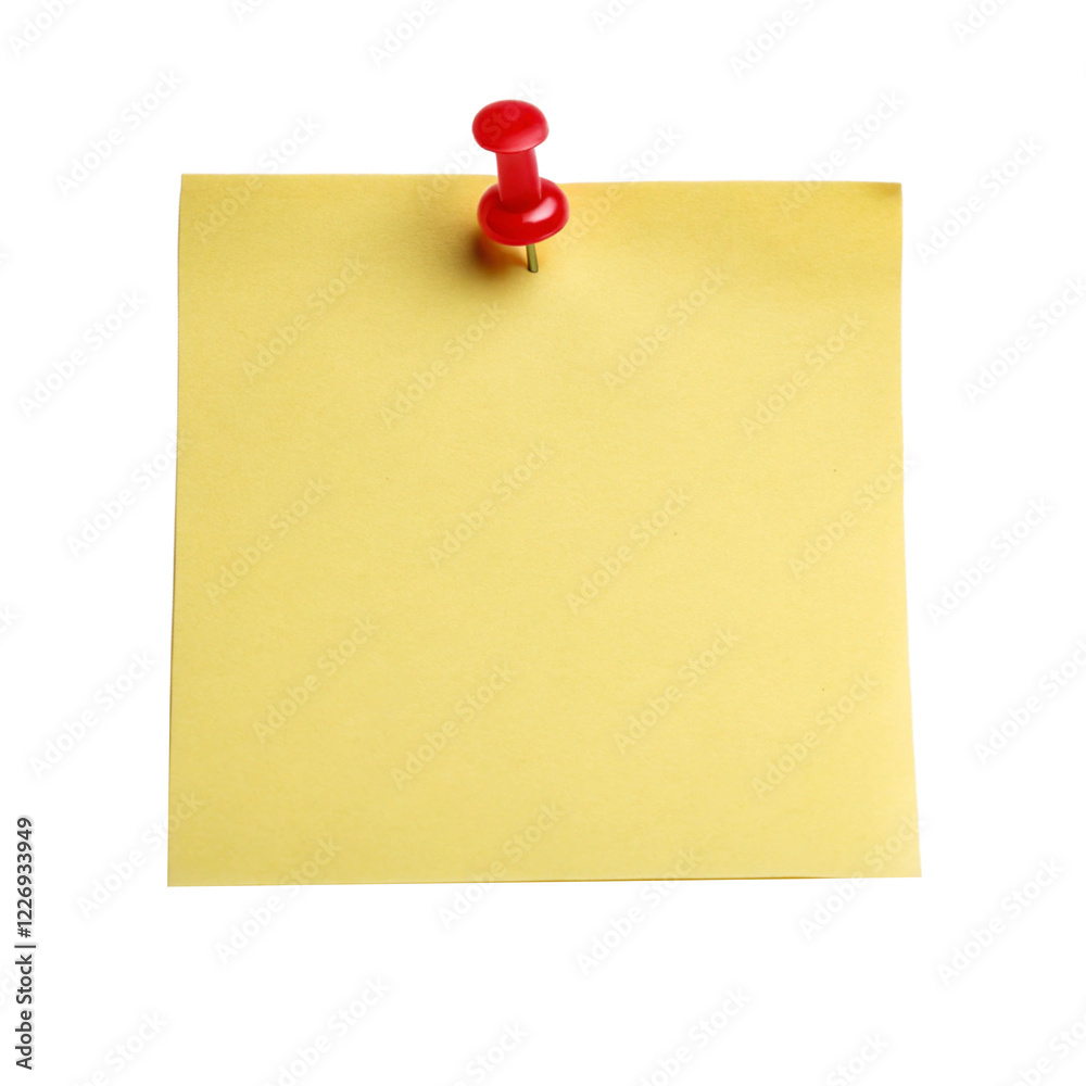 Yellow sticky post it note with red pushpin isolated on white background Yellow sticky post it note with red pushpin isolated on white background