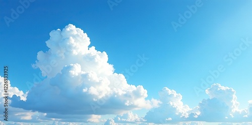 Blue sky with billowy white clouds and a few wispy cirrus, soft, blue, light