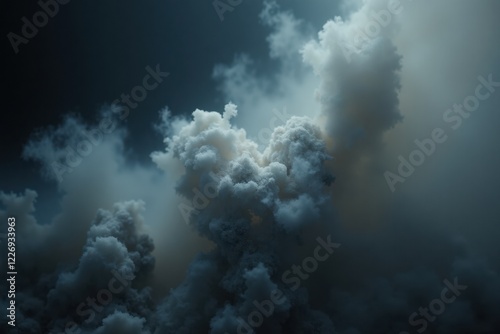 A close-up of nuclear ash swirling in the wind, with delicate particles suspended in the air, creating a ghostly appearance against a dark, foreboding backdrop photo