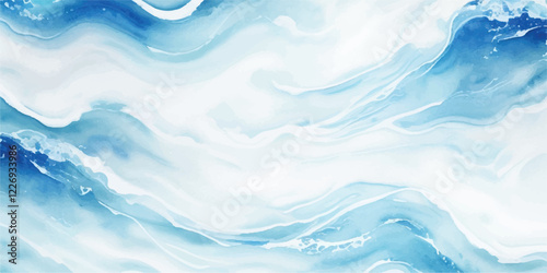 "A Vibrant and Dynamic Blue Ocean Wave Abstract Illustration in Watercolor Style, Featuring Fluid Tsunami Waves and Layered Tropical Water Splashes, Blending the Serenity of the Sea with Bold Artistic