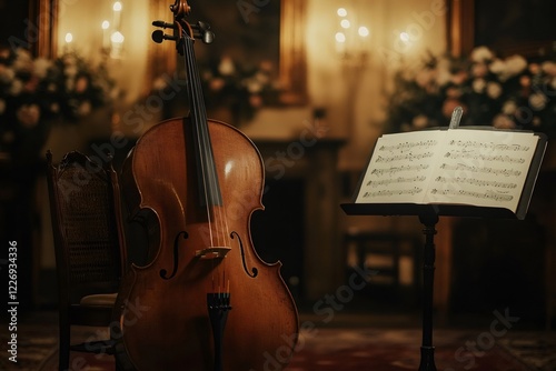 Elegant cello and sheet music in candlelit room photo