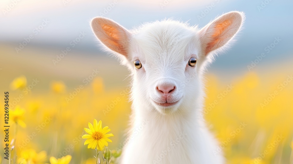 Obraz premium Adorable white baby goat in yellow flower field