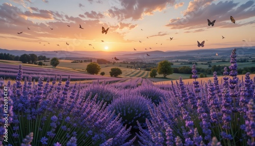 Sunrise over lavender fields, butterflies flying, serene landscape