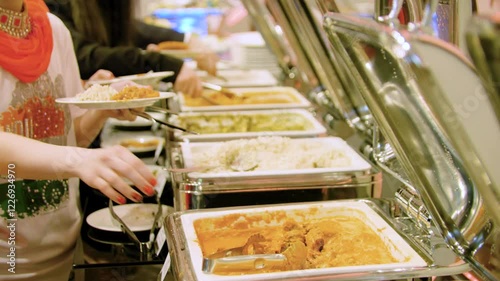 Close-up of hands taking food from a self service buffet line in a restaurant. Buffet food table.