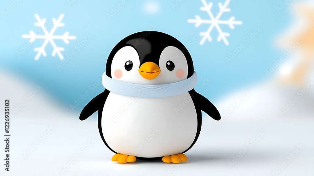 Fototapeta premium Adorable Cartoon Penguin In Snowy Winter Wonderland