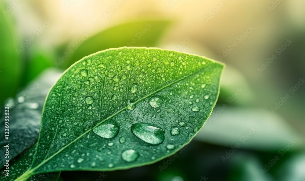 Fototapeta premium Eco-Friendly Concept: CO2 Reduction on Green Leaf with Water Droplets Representing Carbon Footprint Reduction, Bio Circular Green Economy, and Limiting Global Warming from Climate Change, 
