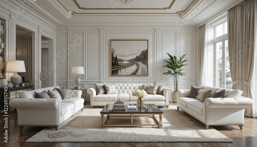 Luxurious White Living Room Interior with Artwork