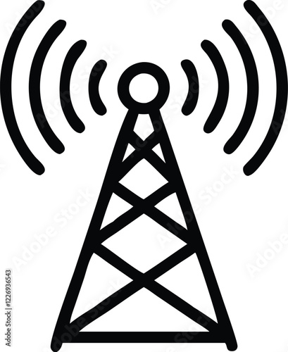 Radio tower, broadcast signal, wireless communication, black and white icon, simple geometric design, transmission waves, antenna mast, electromagnetic radiation, telecommunications symbol, minimalist