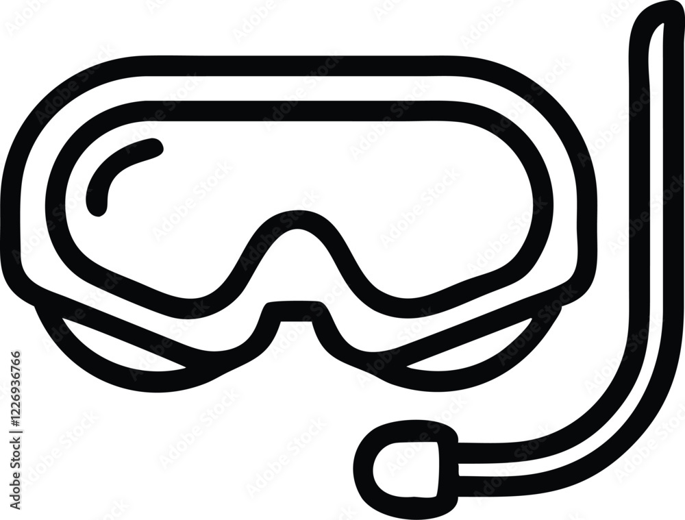 Diving mask icon, snorkel equipment, black and white illustration, simple line drawing, minimalist design, water sports gear, scuba diving symbol, aquatic activity pictogram, clear outline, vector gra Diving mask icon, snorkel equipment, black and white illustration, simple line drawing, minimalist design, water sports gear, scuba diving symbol, aquatic activity pictogram, clear outline, vector gra