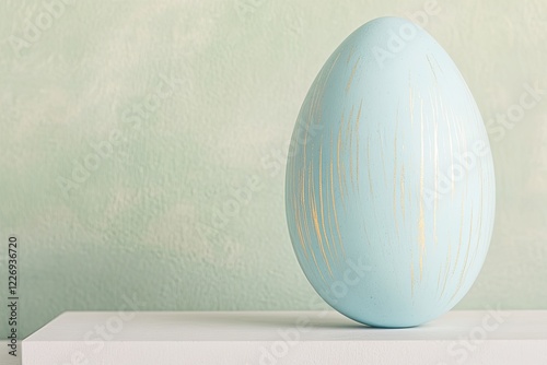 pastel blue easter egg with subtle gold streaks displayed on clean white board softly illuminated for modern look photo