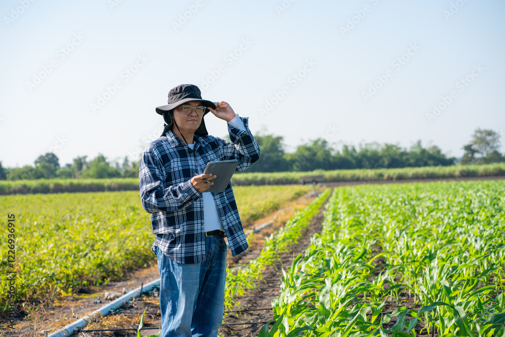 Agronomist Using Technology in Agricultural Corn Field. Farmer Agronomist Inspecting Corn with a Tablet. Agronomist Using Technology in Agricultural Corn Field. Farmer Agronomist Inspecting Corn with a Tablet.
