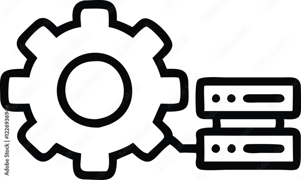 Black and white icon, gear symbol, database storage, server stack, system configuration, technical illustration, minimalist design, vector graphic, settings menu, data management, industrial symbol, c Black and white icon, gear symbol, database storage, server stack, system configuration, technical illustration, minimalist design, vector graphic, settings menu, data management, industrial symbol, c