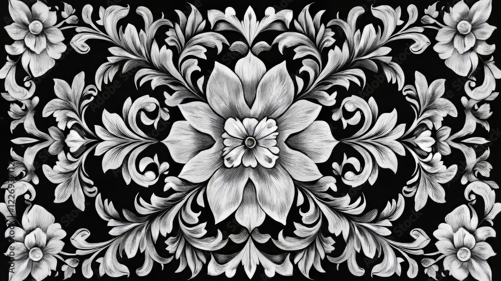Arabesque seamless floral pattern with a diamond lattice in black and white colors suitable for wallpaper, tiles and textile design Arabesque seamless floral pattern with a diamond lattice in black and white colors suitable for wallpaper, tiles and textile design