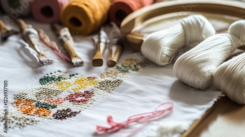 Scene of a cross-stitch setup. Featuring fabric, threads, and a pattern guide. Highlighting the craft of cross-stitch embroidery. Ideal for DIY and craft blogs. photo