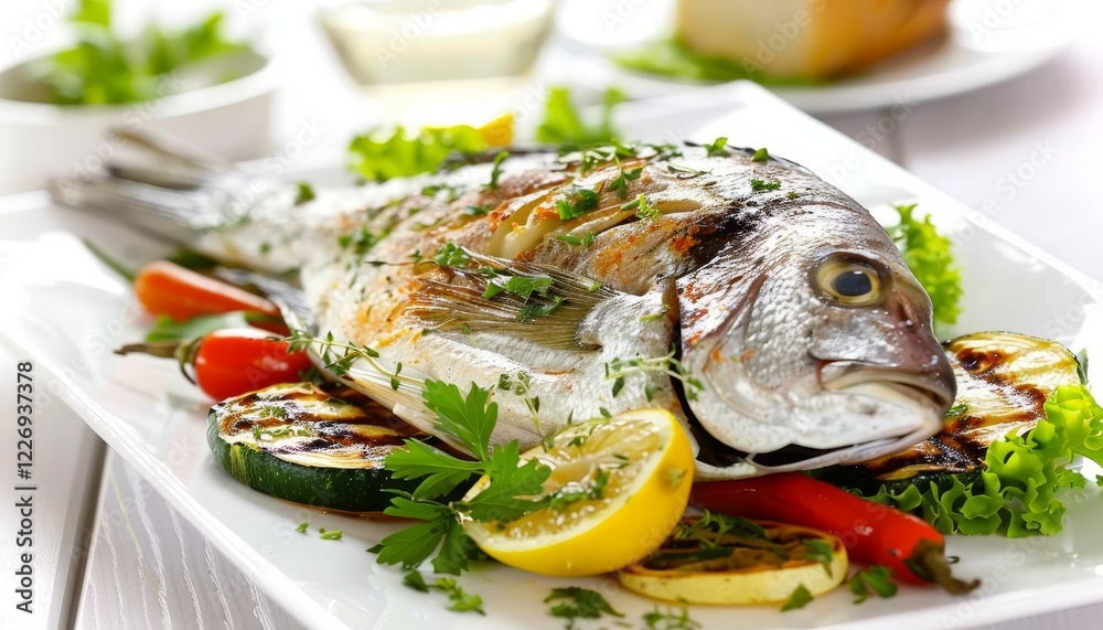 Un'orata al forno con erbe aromatiche e limone, servita intera su un piatto bianco rettangolare con contorno di verdure grigliate Un'orata al forno con erbe aromatiche e limone, servita intera su un piatto bianco rettangolare con contorno di verdure grigliate