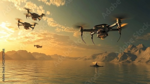 A futuristic drone swarm exploring the methane lakes of Titan