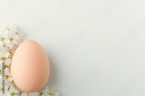 pastel peach easter egg resting among fresh spring blossoms on neutral white background with soft light