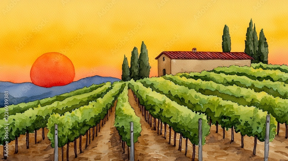 Fototapeta premium Tuscan Vineyard Sunset: A Serene Watercolor Painting of Italian Countryside