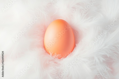 artistic composition featuring pastel orange easter egg partially submerged in bed of white feathers photo