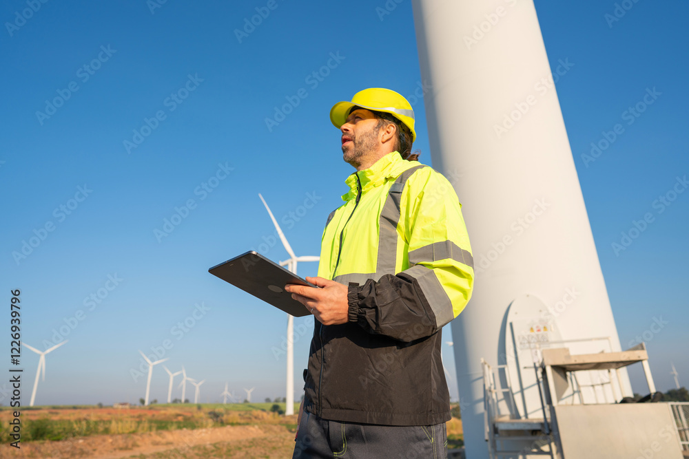 Engineer wearing uniform inspection and survey work in wind turbine farms rotation to generate electricity energy. Maintenance engineer working in wind turbine farm at sunset. Engineer wearing uniform inspection and survey work in wind turbine farms rotation to generate electricity energy. Maintenance engineer working in wind turbine farm at sunset.