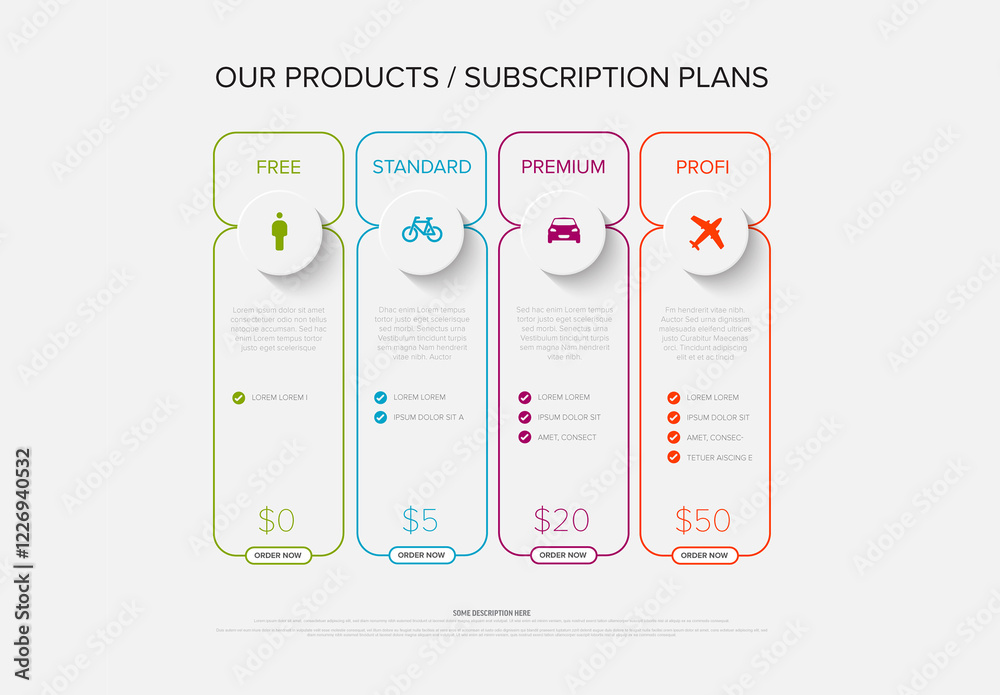 Subscription Plan Options Free, Standard, Premium, and Profi with Pricing Details