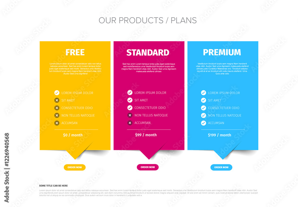 Product Pricing Plan Comparison Chart with free standard and premium subscription plans