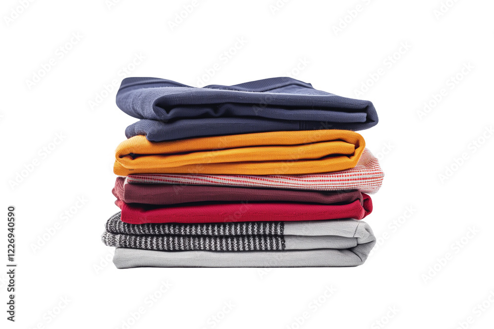 Neatly Folded Stack of Various Clothes on a White Background for Organizing and Storage Purposes Neatly Folded Stack of Various Clothes on a White Background for Organizing and Storage Purposes