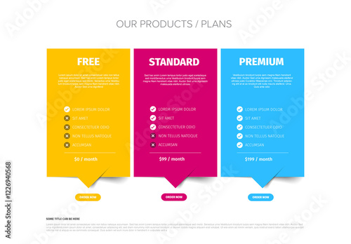 Obraz na płótnie Product Pricing Plan Comparison Chart with free standard and premium subscription plans w salonie