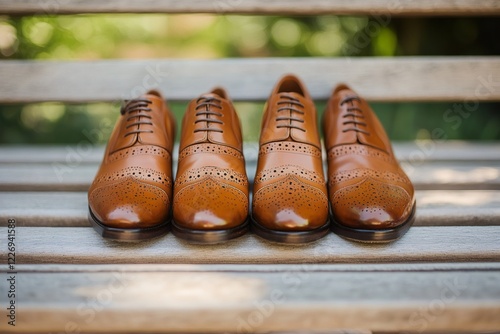 Elegant brown brogue shoes resting on wooden bench outdoors photo