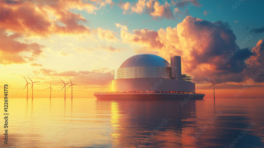 Obraz premium Futuristic Floating Power Plant at Sunset Generative AI