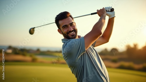 Man is smiling while playing golf on course