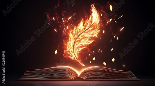 Fiery quill pen rises from open book, dark background, fantasy art