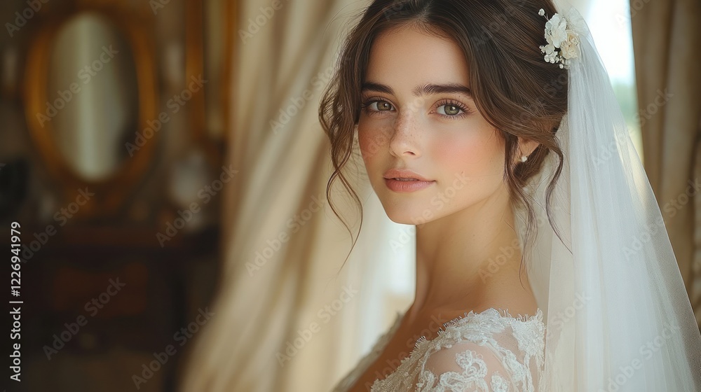 Naklejka premium Bride in elegant attire posing in luxurious interior