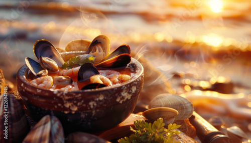 Una tradizionale zuppa di pesce con cozze, vongole, gamberi e crostini di pane tostato, servita in una ciotola rustica con un mestolo accanto e uno sfondo di tramonto sul mare photo