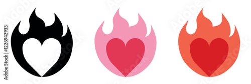 Heart and fire symbol design. Templates for design, posters, projects, banners, logo, and business cards. Vector illustration. Colors: black, pink, orange, and red.