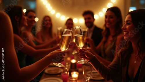 People are enjoying toast at dinner table with candles