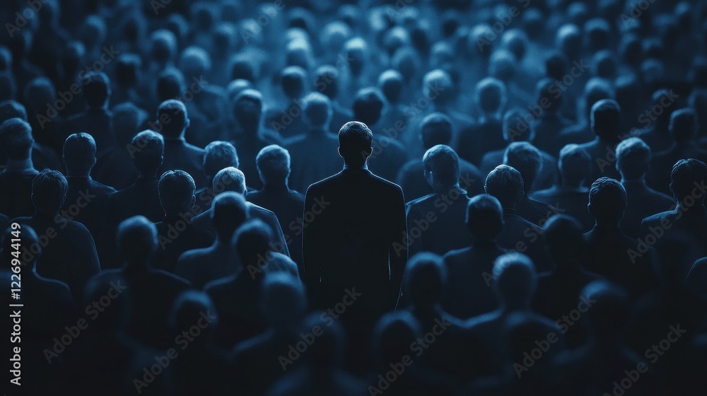 Obraz premium Colorful silhouette pf person standing in monochrome crowd of different people,surreal unique and different concept,loneliness in society,shadow,freedom,Love,be yourself,Stand out from the crowd.
