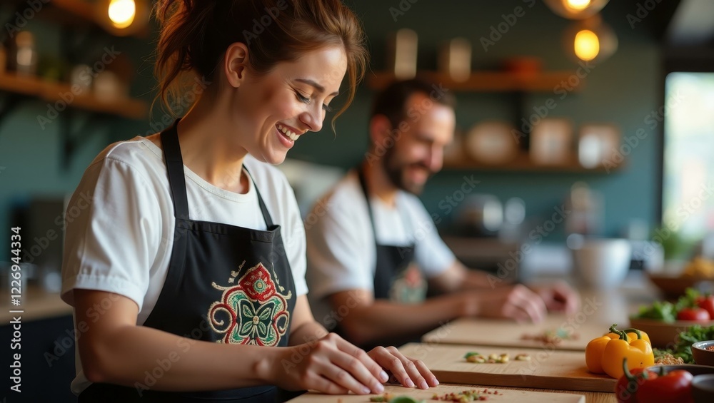 Fototapeta premium Woman is cutting vegetables on cutting board in kitchen