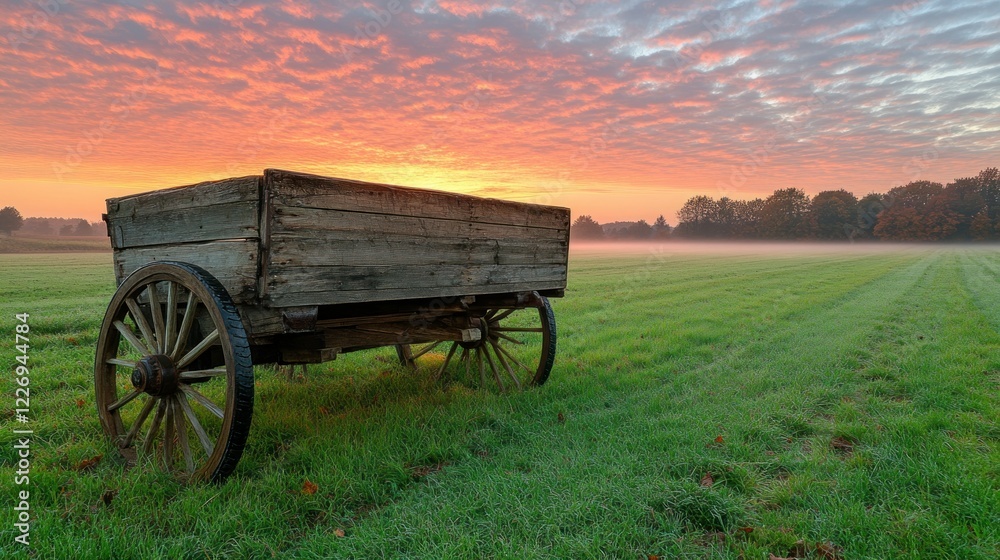Rustic wagon sunrise field autumn mist nostalgia Rustic wagon sunrise field autumn mist nostalgia