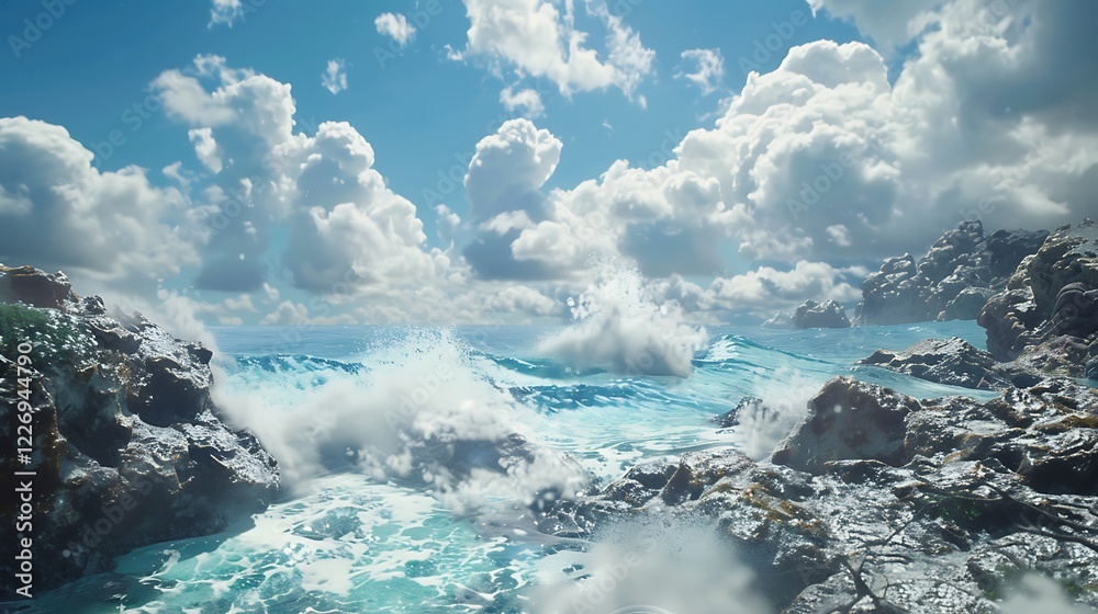 Fototapeta premium A dramatic ocean scene with large waves crashing against rugged rocks.