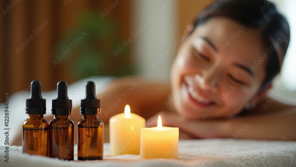 Woman is laying down with her eyes closed and few bottles of essential oils beside her Woman is laying down with her eyes closed and few bottles of essential oils beside her
