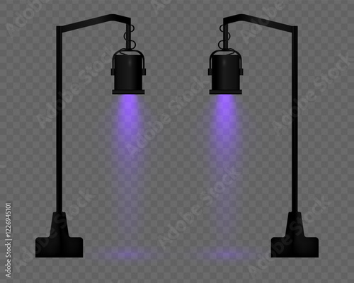 Realistic vector street lamp with purple light on a transparent background. Black metal body, suspended structure, soft lighting, beam effect, projector, reflection