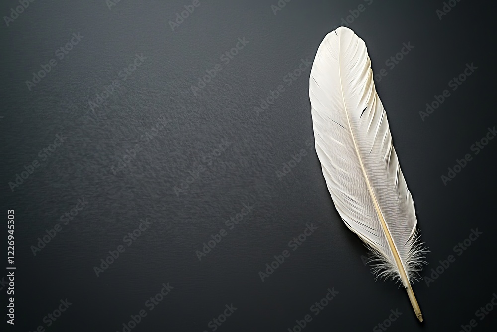 A solitary white feather against a black background, representing a swan feather A solitary white feather against a black background, representing a swan feather